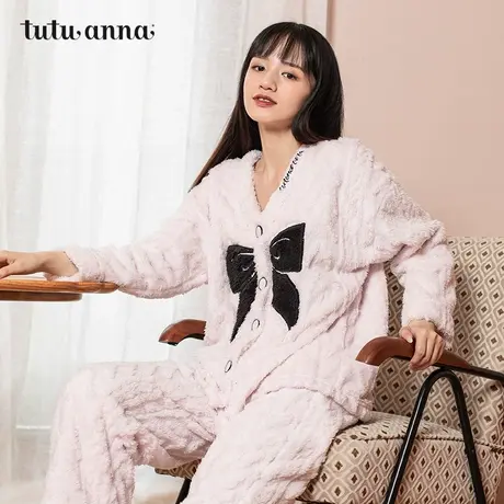 tutuanna家居服睡衣套装女 秋冬加厚舒适保暖羊羔绒两件套睡衣女图片