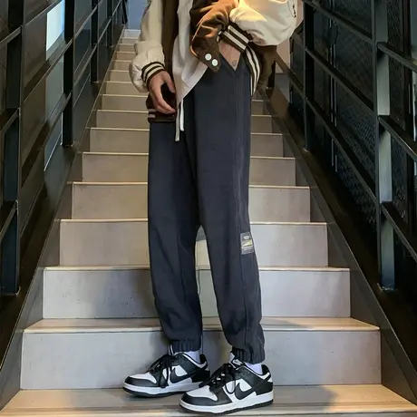 灯芯绒男士运动卫裤束脚重磅春秋冬季潮加绒加厚深灰色休闲长裤子商品大图
