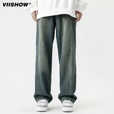 VIISHOW复古拼接款牛仔裤男宽松直筒秋季新款高街拖地垂感阔腿裤图片