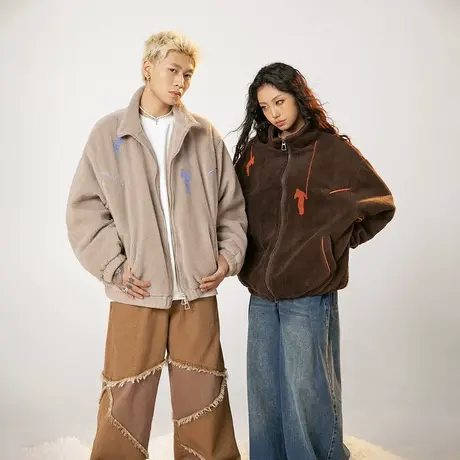 美式复古情侣装棉服女冬季加厚羊羔毛外套2023年新款潮牌宽松棉衣图片