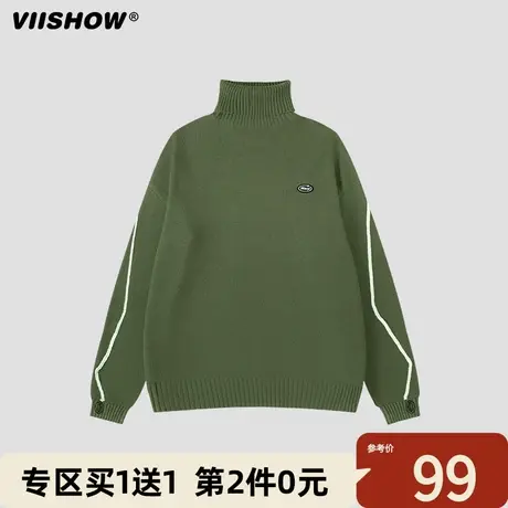 VIISHOW线条高领毛衣男冬季加厚潮牌复古日系慵懒外穿宽松针织衫商品大图