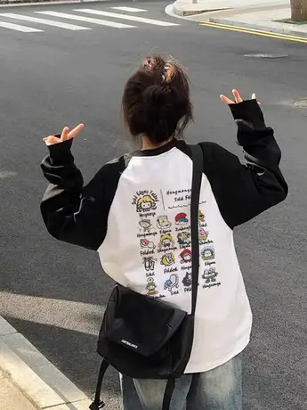 中长款纯棉长袖T恤女秋季新版拼接撞色显瘦圆领纯棉宽松大码上衣图片