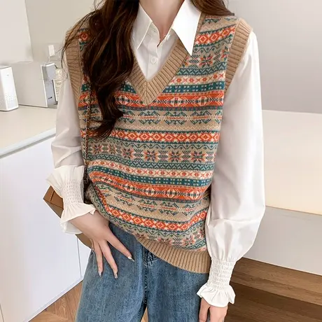 针织马甲背心女士外搭秋冬天叠穿V领内搭费尔岛提花毛衣坎肩马夹图片