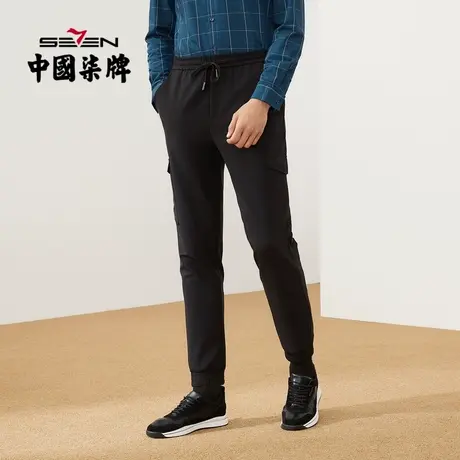 柒牌男裤便装长裤2022秋季新款青年男士松紧腰抽绳黑色休闲针织裤图片
