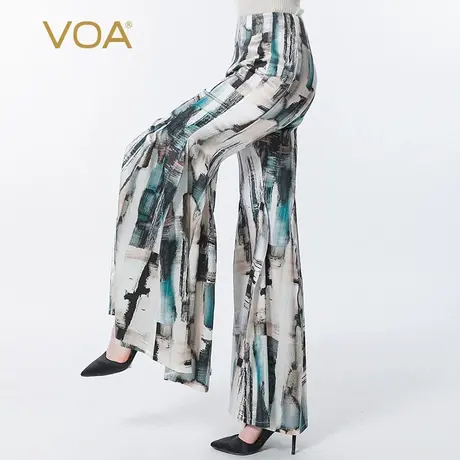 VOA丝绸自然腰印花弹力缎褶皱吸湿透气色泽文雅桑蚕丝喇叭长裤女商品大图