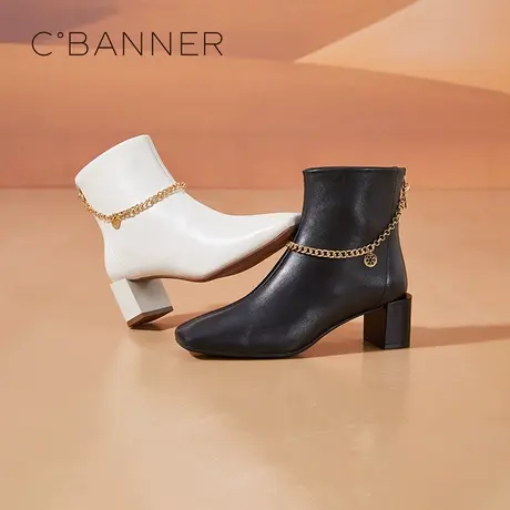 【直播间】千百度女鞋时装靴方头粗跟Ins潮流优雅真皮女靴短靴商品大图