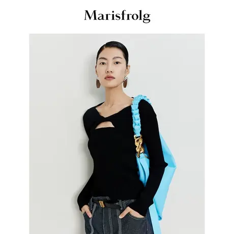 【轻密针织】玛丝菲尔时尚气质镂空蝴蝶领经典修身黑色针织衫女商品大图