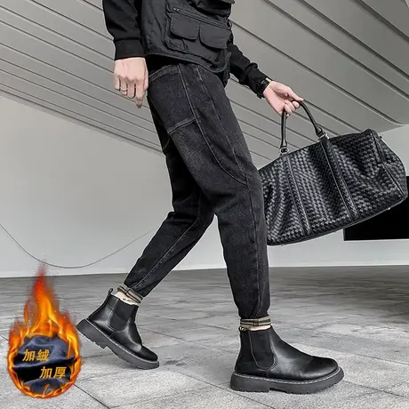 2023冬季新款加绒加厚牛仔裤男纯色修身小脚裤子个性痞帅潮流百搭商品大图