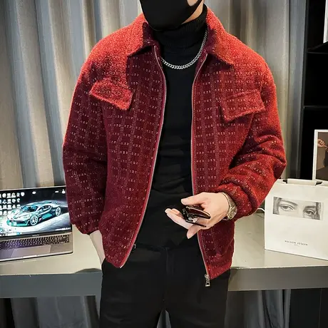 小香风亮丝格子棉衣夹克男冬季2023新款轻熟高级翻领加棉潮牌外套商品大图