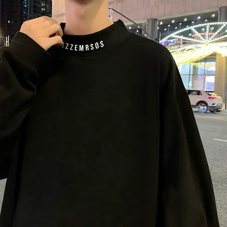 德绒半高领打底男春秋季纯色针织衫长袖潮流内搭无帽卫衣新款上衣商品大图