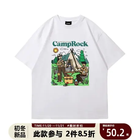 美式原创露营风情侣短袖t恤衫夏天落肩大码白色青少年半袖tee男生商品大图