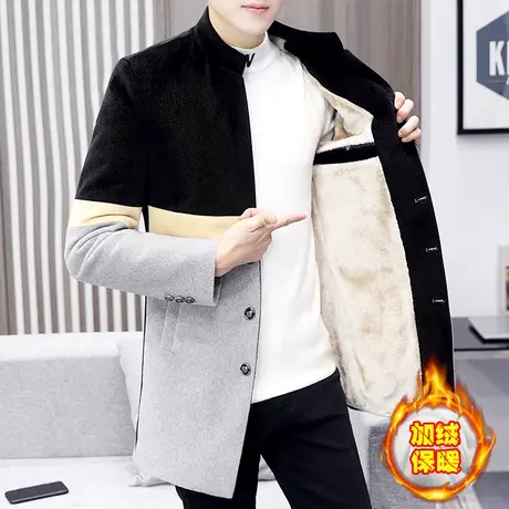 立领毛呢大衣中长款加绒加厚男士冬季韩版水貂绒拼色呢子风衣外套商品大图