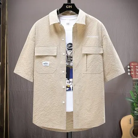 夏季五分短袖衬衫男宽松潮牌休闲薄款冰丝中袖衬衣服男装半袖外套商品大图