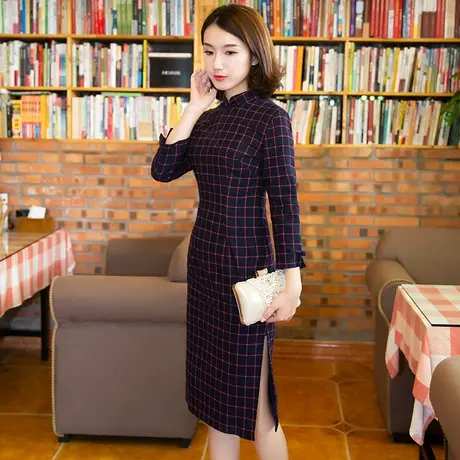 旗袍年轻款 少女显瘦改良旗袍连衣裙格子旗袍裙时髦优雅复古女裙图片