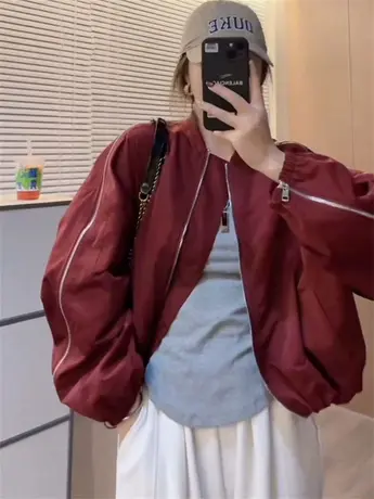 欧货棒球服短款外套女小个子新款宽松休闲夹克工装开衫上衣商品大图