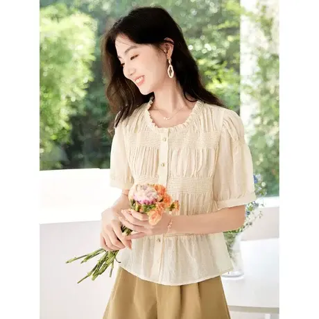 时尚气质短袖衬衫2023年夏季新款淑女温柔圆领显瘦通勤百搭上衣图片