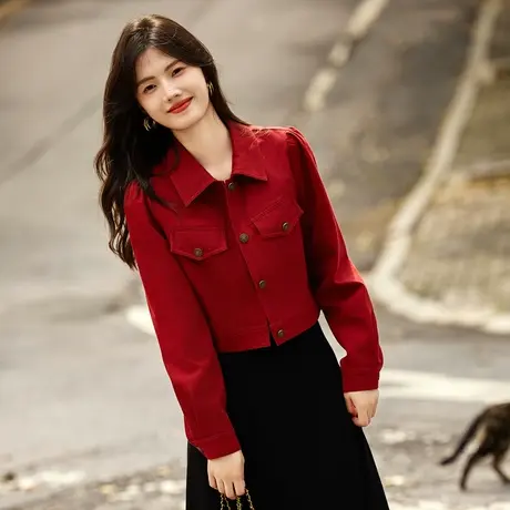 时尚气质外套2023年秋季新款翻领短款百搭知性温柔牛仔夹克上衣商品大图