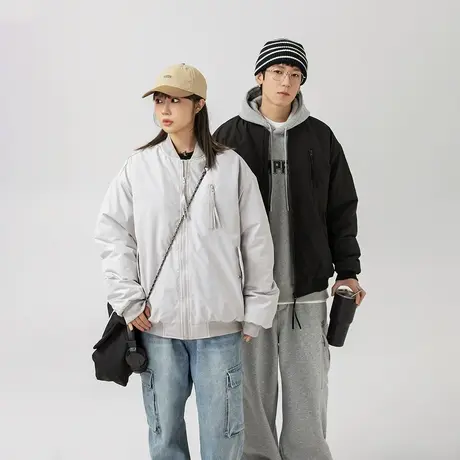 纯色复古美式街头棒球服棉服女冬季加厚外套2023新款情侣宽松棉衣商品大图