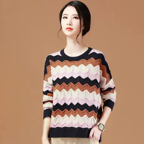 韩潮袭人宽松套头毛衣2023秋装新款长袖圆领彩色条纹打底针织衫图片