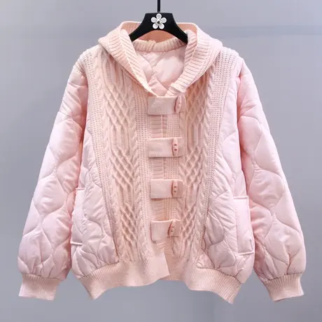 牛角扣粉色针织拼接连帽棉服外套女秋冬2023新款宽松加厚保暖棉衣图片