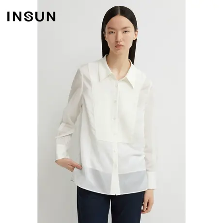 INSUN恩裳夏季几何拼接棉质白衬衫图片