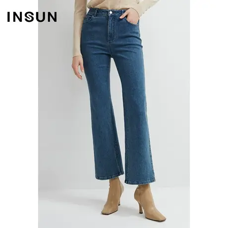 INSUN恩裳秋季深蓝色阔腿弹力直筒牛仔裤商品大图