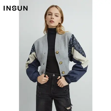 INSUN恩裳奥莱秋季三色拼接连肩袖羊毛毛织衫商品大图