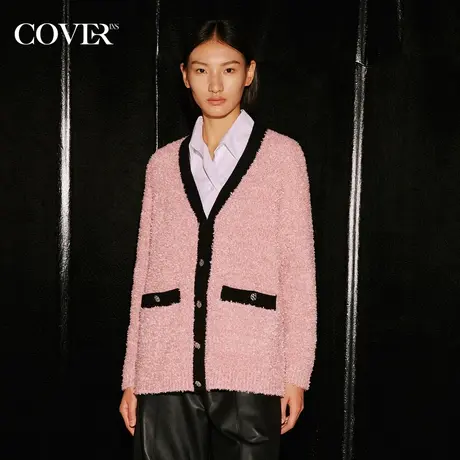 COVER秋季撞色蝴蝶纱羊毛混纺针织开衫图片