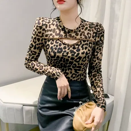 性感豹纹T恤女长袖时尚镂空加绒加厚上衣洋气修身烫钻修身打底衫图片