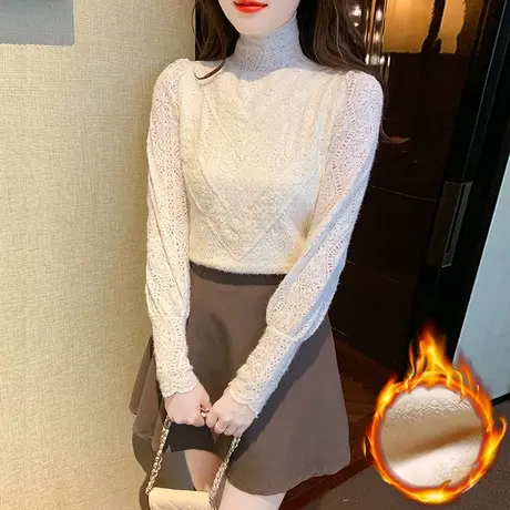 打底衫女2023冬装新款别致气质内搭蕾丝衫女加绒加厚保暖洋气小衫商品大图
