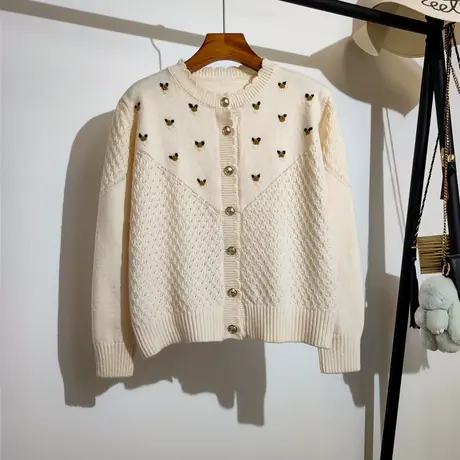 温柔风针织开衫上衣女早秋2023新款宽松圆领法式甜美绣花毛衣外套商品大图