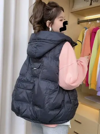 马甲女外搭2023新款秋冬学院风叠穿坎肩春羽绒棉连帽背心马夹外套商品大图