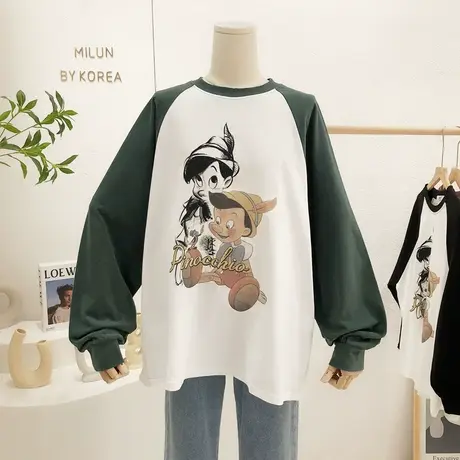 韩国东大门复古插肩袖T恤2021秋冬款卡通磨毛加厚长袖包臀打底衫商品大图