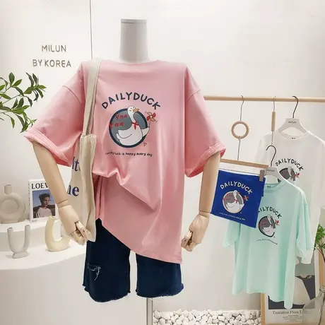 ins港味休闲学院风短袖2022夏季韩国东大门原宿风卡通印花T恤大码图片