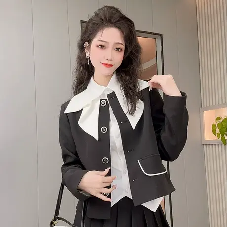 名媛风2023年春秋新款法式娃娃领小个子短款长袖上衣夹克外套女士商品大图