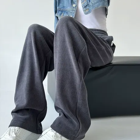 灰色窄版阔腿裤女2023春秋高腰显瘦垂感直筒灯芯绒针织休闲裤子商品大图