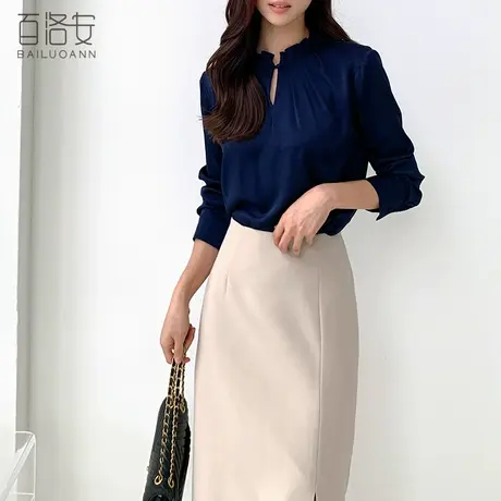 百洛安木耳边立领衬衫女2024春款设计感别致衬衣宽松百搭长袖上衣商品大图