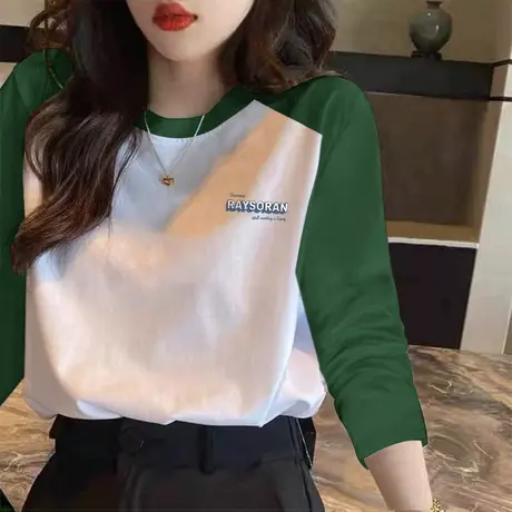 网红t恤女长袖秋装2022年新款设计感小众拼色打底衫内搭别致上衣商品大图