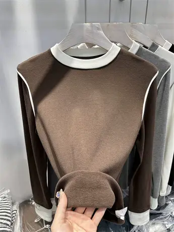 欧货拼接撞色假两件针织长袖T恤纯色羊绒加绒保暖打底衫女款上衣图片