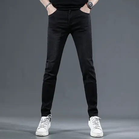 高端黑色薄绒牛仔裤男款修身小脚秋季厚款2023新款潮牌男士裤子商品大图