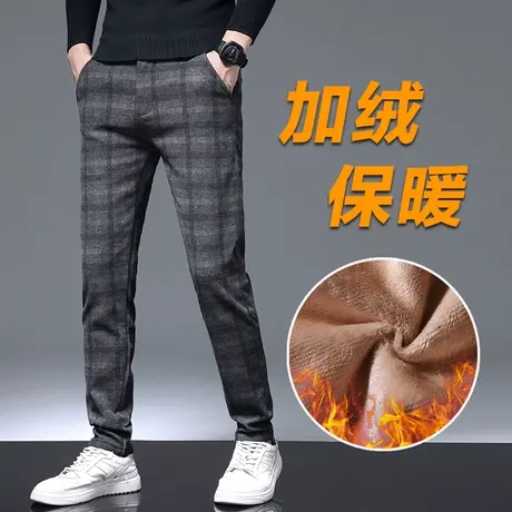 加绒加厚格子西裤男士休闲长裤修身小脚冬季英伦雅痞男裤子秋冬款商品大图
