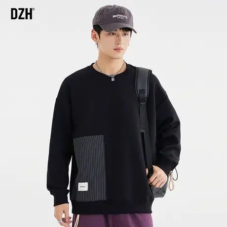 男士黑色圆领卫衣男潮牌重磅春秋款美式无帽外套2023新款长袖上衣图片