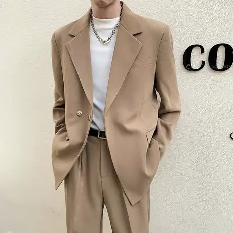 休闲宽松意式轻奢西服男垂感外套潮流痞帅隐藏扣设计薄款西服套装图片