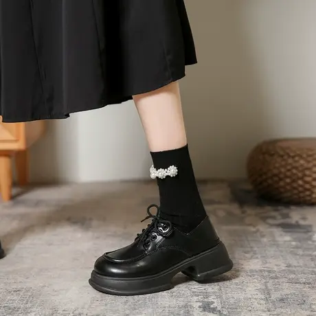 黑色厚底乐福鞋女2023新款松糕系带增高jk学院英伦风小皮鞋女单鞋商品大图