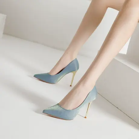 法式尖头超高跟鞋女细跟2023年春季新款绿色气质单鞋百搭职业女鞋商品大图