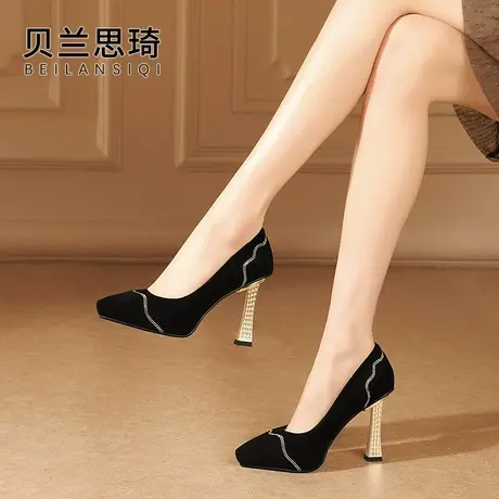 磨砂真皮浅口尖头防水台高跟鞋女2023春秋季新款厚底粗跟单鞋图片