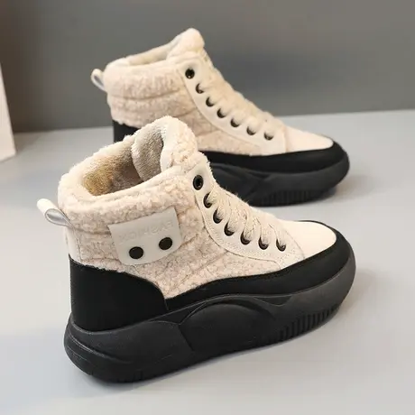 复古羊羔毛厚底棉鞋女2023年冬季新款加绒高帮鞋软底休闲保暖短靴商品大图
