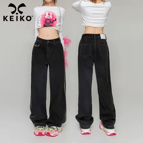 KEIKO 黑色高腰直筒牛仔裤2023秋冬水洗磨白宽松显瘦窄版阔腿裤子图片