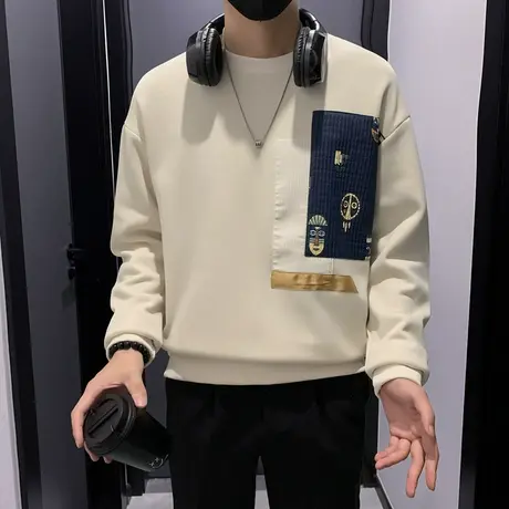 秋冬加绒卫衣男ins个性贴布设计感小众加厚内搭t恤衫长袖打底上衣图片