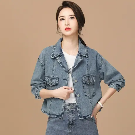 韩潮袭人西装领短款深蓝牛仔外套女2024春新款百搭休闲夹克上衣商品大图